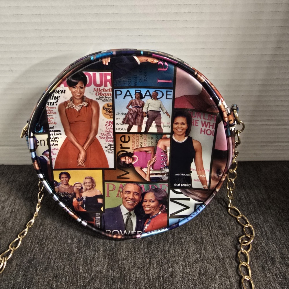 Michelle Obama Barack Obama Magazine Collage Circular Crossbody Bag Gold Chain